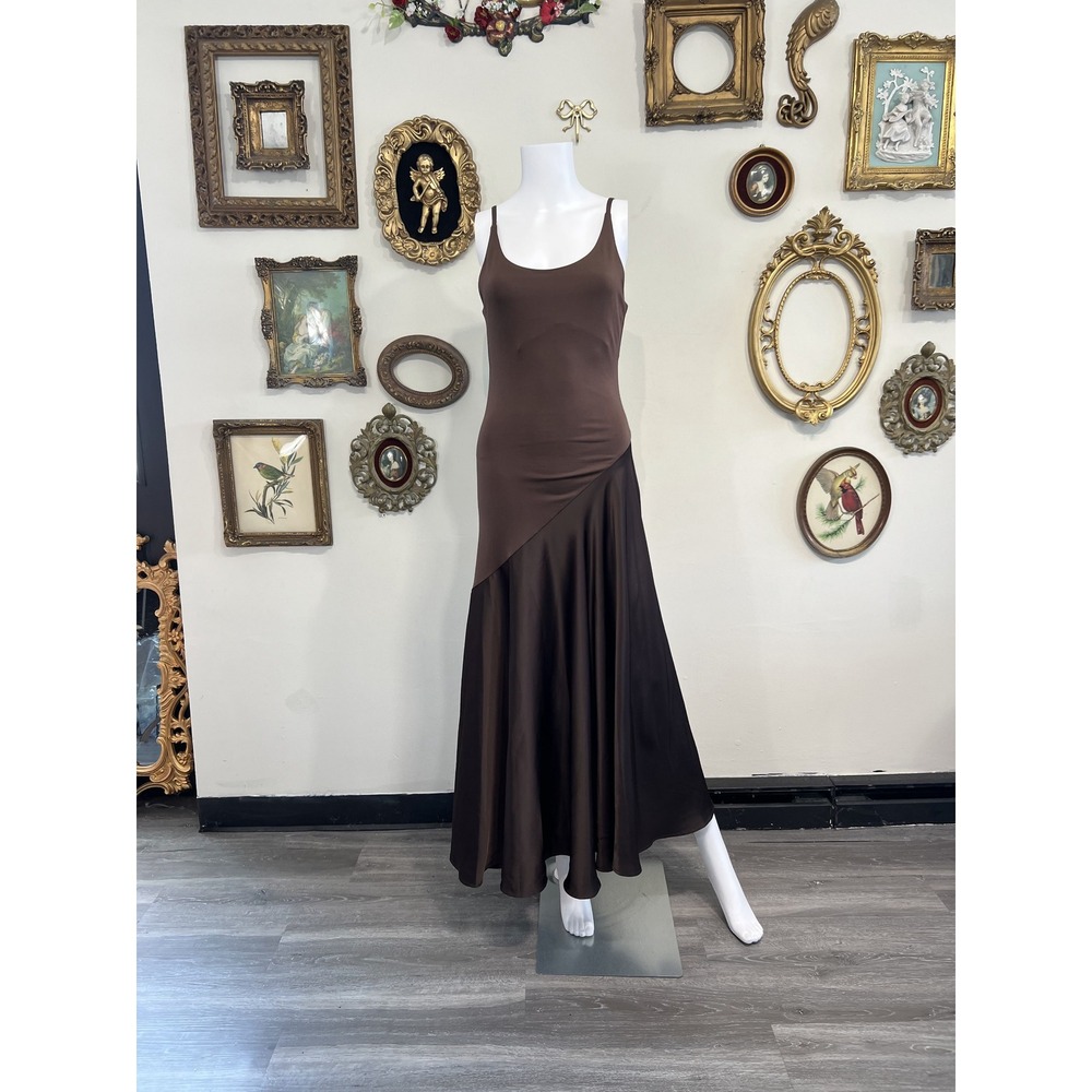 Anewsta Brown Asymmetric Satin Panel Maxi Dress Size S/4